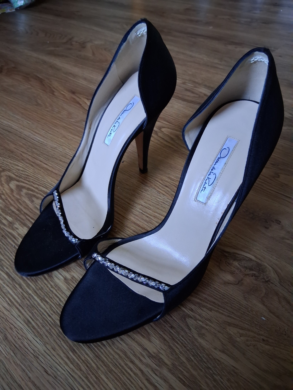 Oscar de la Renta Black Crystal-Strap Open-Toe Stilettos